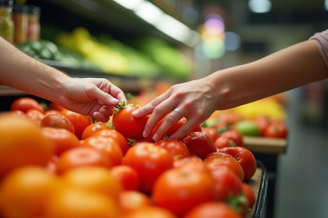 Fresh produce being carefully selected by a shopper