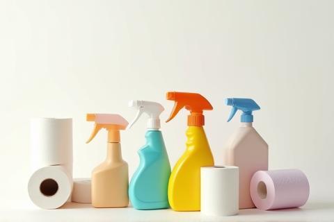 Group of cleaning supplies and paper products