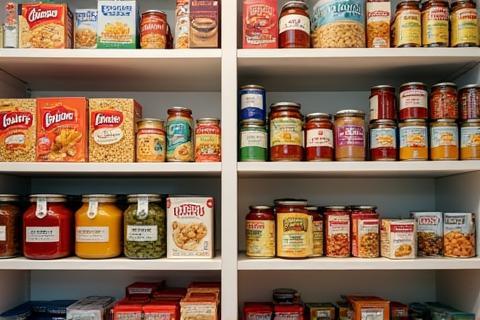 Assortment of canned goods and dry pasta in a pantry